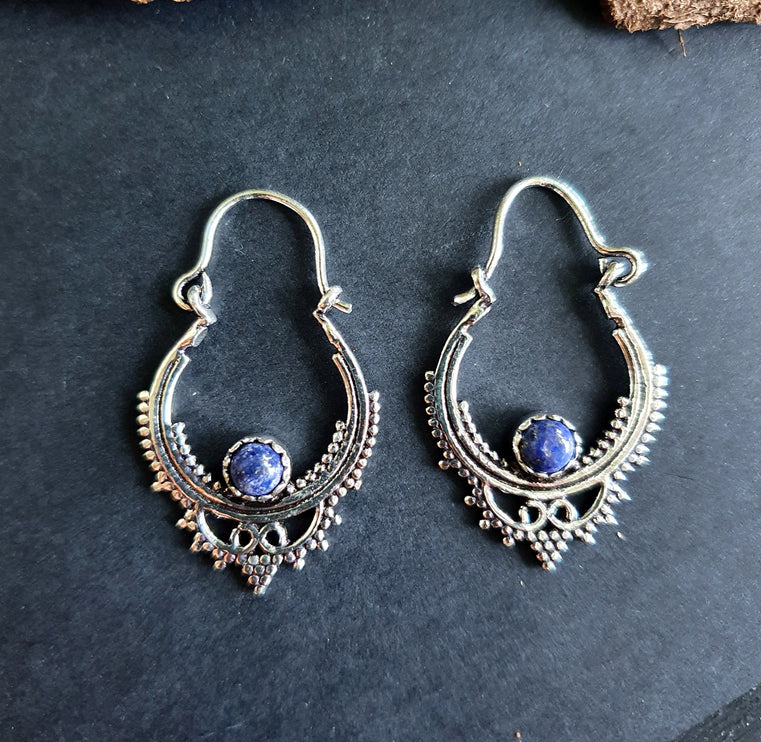 Small Boho Silver Earrings Lapis Lazuli / Triangle / Mandala / Ethnic / Rustic / Yoga / Hippie / Gypsy / Psy / Bohemian / Festival