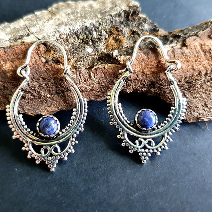 Small Boho Silver Earrings Lapis Lazuli / Triangle / Mandala / Ethnic / Rustic / Yoga / Hippie / Gypsy / Psy / Bohemian / Festival