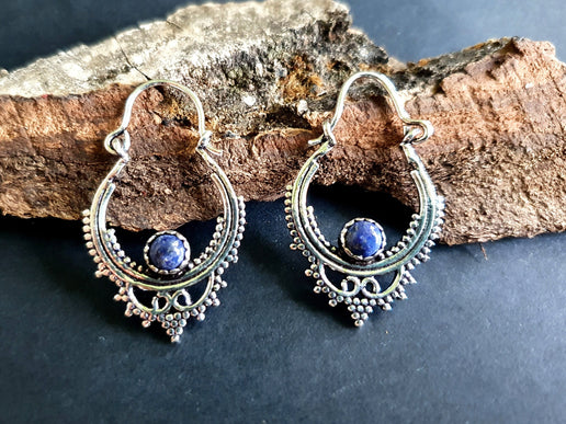 Small Boho Silver Earrings Lapis Lazuli / Triangle / Mandala / Ethnic / Rustic / Yoga / Hippie / Gypsy / Psy / Bohemian / Festival