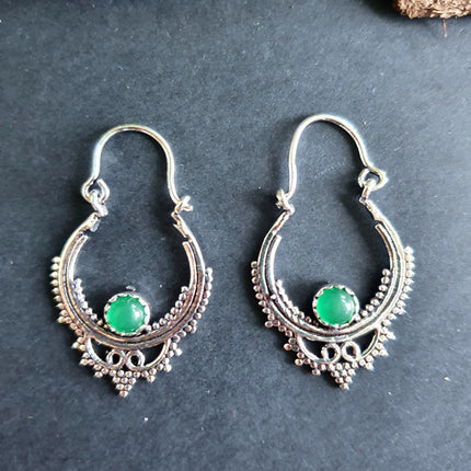 Petites BO Argentées / Onyx Vert / Boucles D'oreilles Argent / Boho Bohème Ethnique Rustique Indien Yoga Gypsy Hippie Bohemian