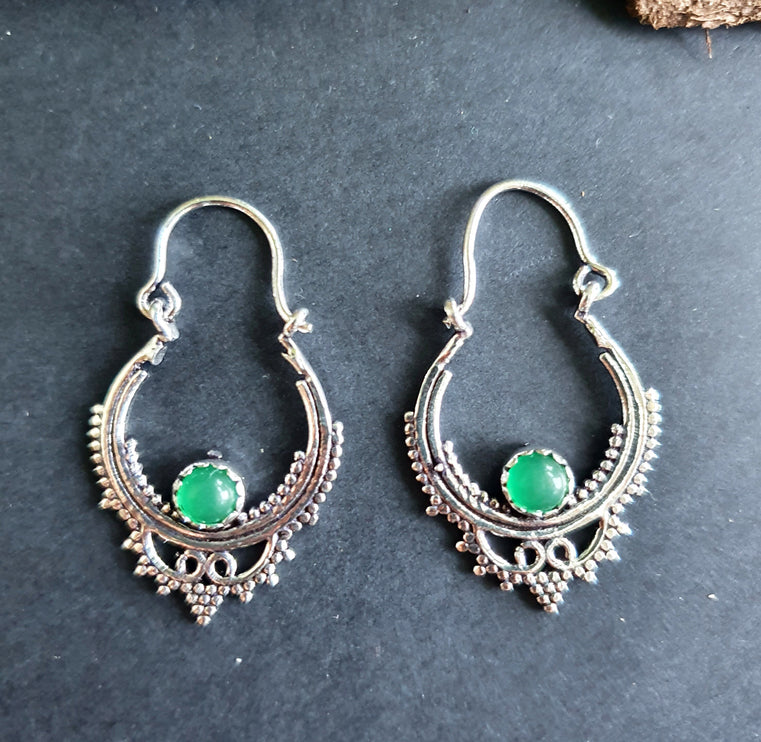 Petites BO Argentées / Onyx Vert / Boucles D'oreilles Argent / Boho Bohème Ethnique Rustique Indien Yoga Gypsy Hippie Bohemian