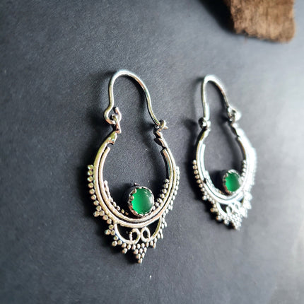 Petites BO Argentées / Onyx Vert / Boucles D'oreilles Argent / Boho Bohème Ethnique Rustique Indien Yoga Gypsy Hippie Bohemian