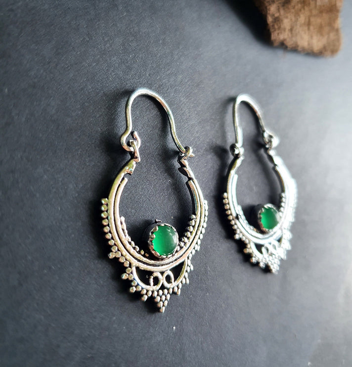 Petites BO Argentées / Onyx Vert / Boucles D'oreilles Argent / Boho Bohème Ethnique Rustique Indien Yoga Gypsy Hippie Bohemian