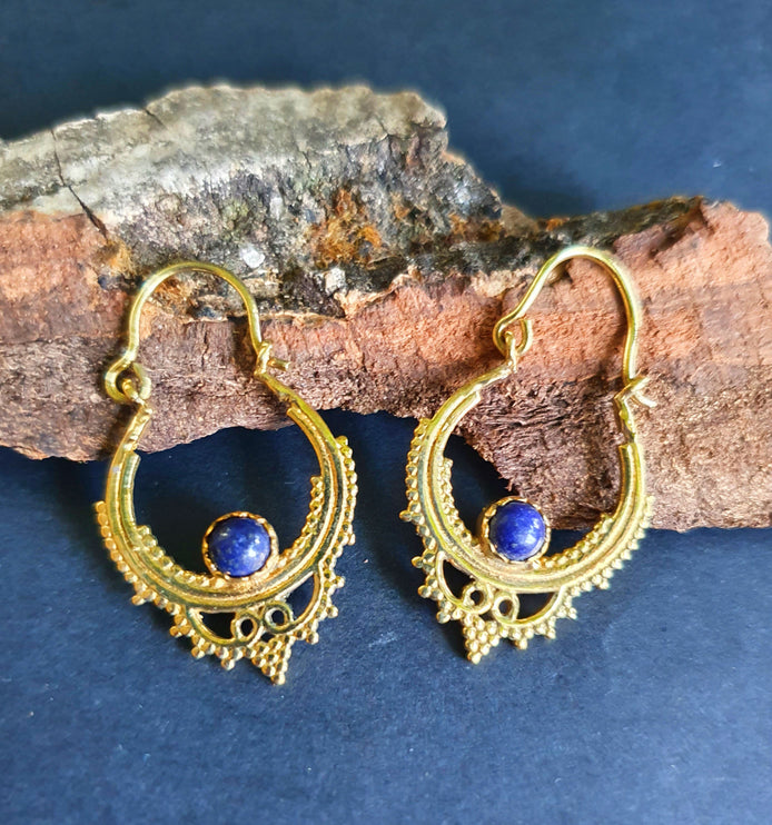 Small Boho Earrings Lapis Lazuli Brass Earrings / Triangle / Mandala / Ethnic / Rustic / Yoga / Hippie / Gypsy / Psy / Bohemian / Festival