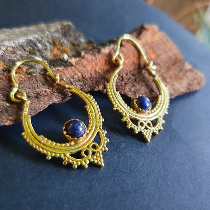 Small Boho Earrings Lapis Lazuli Brass Earrings / Triangle / Mandala / Ethnic / Rustic / Yoga / Hippie / Gypsy / Psy / Bohemian / Festival