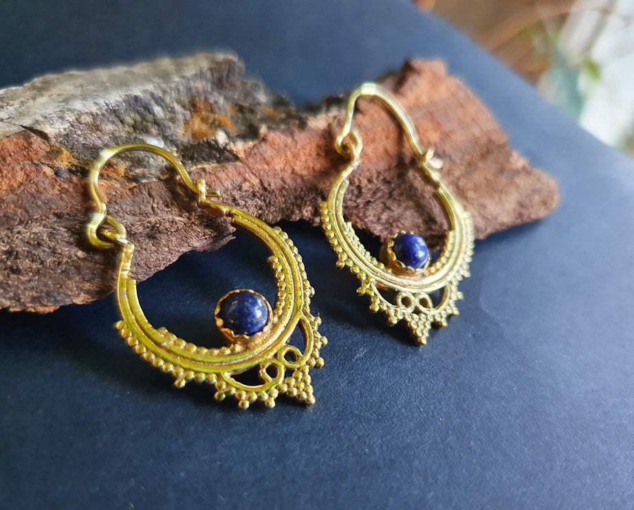 Small Boho Earrings Lapis Lazuli Brass Earrings / Triangle / Mandala / Ethnic / Rustic / Yoga / Hippie / Gypsy / Psy / Bohemian / Festival