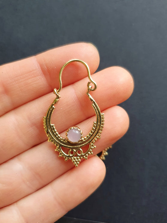 Mini Boho Hoops Rose Quartz Brass Earrings / Triangle / Mandala / Ethnic / Rustic / Yoga / Hippie / Gypsy / Psy / Bohemian / Festival