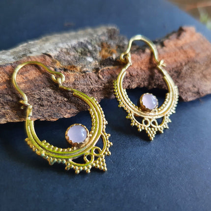 Mini Boho Hoops Rose Quartz Brass Earrings / Triangle / Mandala / Ethnic / Rustic / Yoga / Hippie / Gypsy / Psy / Bohemian / Festival