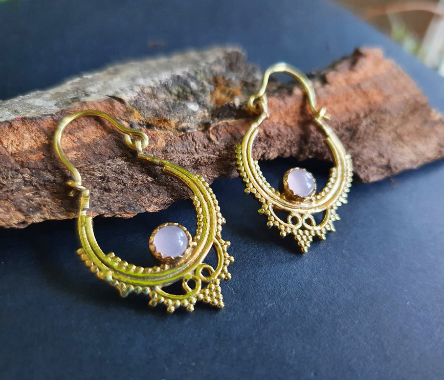 Mini Boho Hoops Rose Quartz Brass Earrings / Triangle / Mandala / Ethnic / Rustic / Yoga / Hippie / Gypsy / Psy / Bohemian / Festival