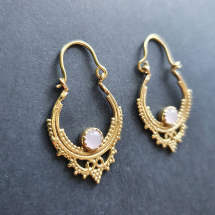 Mini Boho Hoops Rose Quartz Brass Earrings / Triangle / Mandala / Ethnic / Rustic / Yoga / Hippie / Gypsy / Psy / Bohemian / Festival