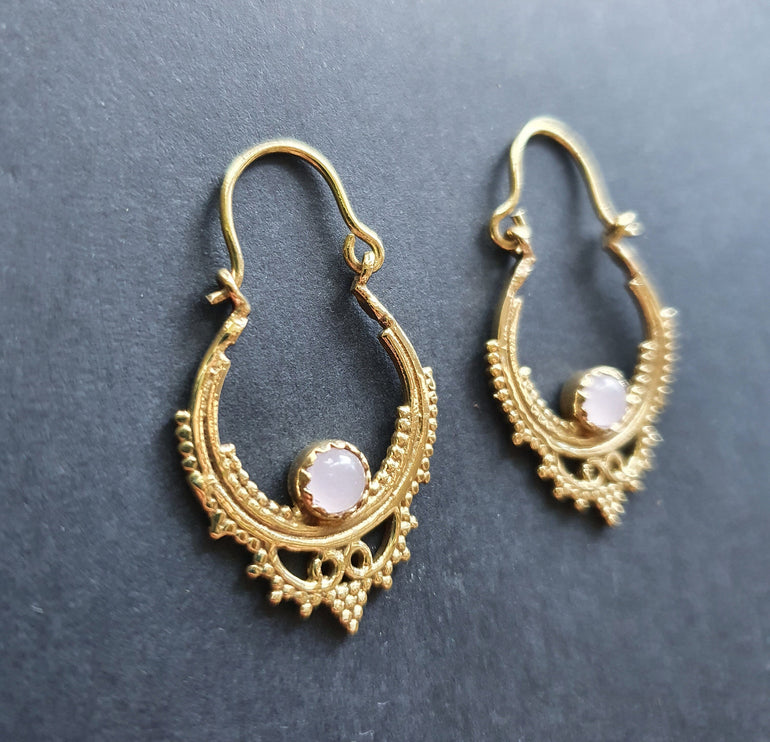 Mini Boho Hoops Rose Quartz Brass Earrings / Triangle / Mandala / Ethnic / Rustic / Yoga / Hippie / Gypsy / Psy / Bohemian / Festival