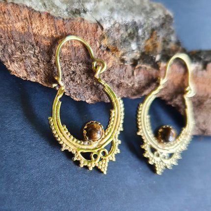 Small Boho Hoops Tiger Eye Brass Earrings / Triangle / Mandala / Ethnic / Rustic / Yoga / Hippie / Gypsy / Psy / Bohemian / Festival