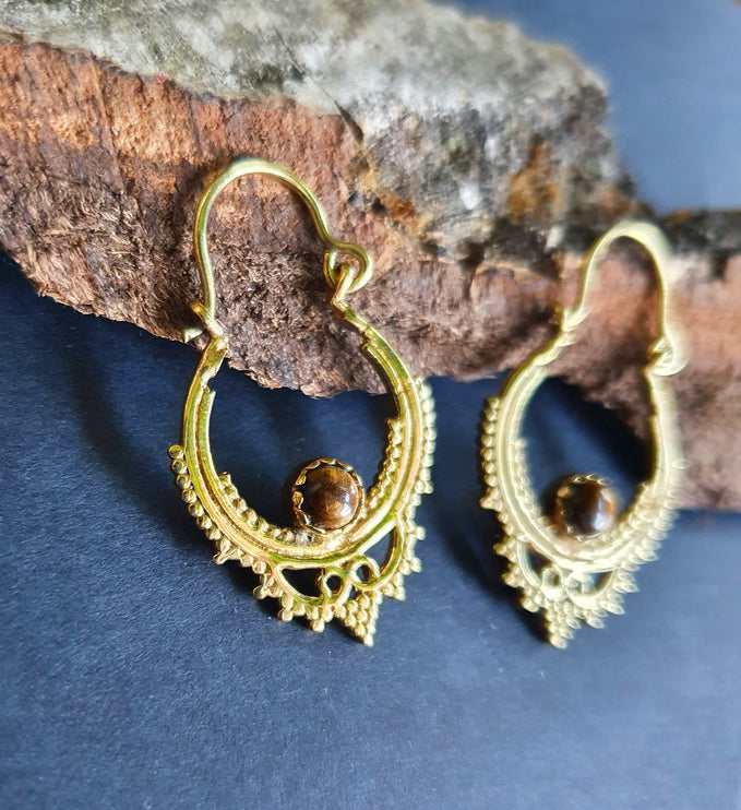 Small Boho Hoops Tiger Eye Brass Earrings / Triangle / Mandala / Ethnic / Rustic / Yoga / Hippie / Gypsy / Psy / Bohemian / Festival