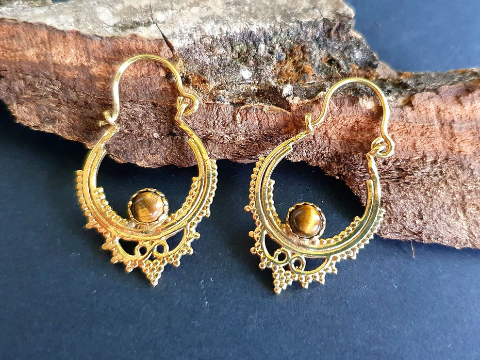 Small Boho Hoops Tiger Eye Brass Earrings / Triangle / Mandala / Ethnic / Rustic / Yoga / Hippie / Gypsy / Psy / Bohemian / Festival