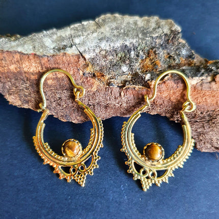 Small Boho Hoops Tiger Eye Brass Earrings / Triangle / Mandala / Ethnic / Rustic / Yoga / Hippie / Gypsy / Psy / Bohemian / Festival