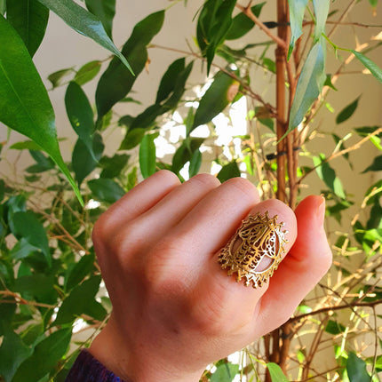 Golden Hamsa Ring / Fatima / Egypt / Hieroglyphics / Brass / Ethnic / rustic, yoga, hippie, gypsy, boho, bohemian, festival