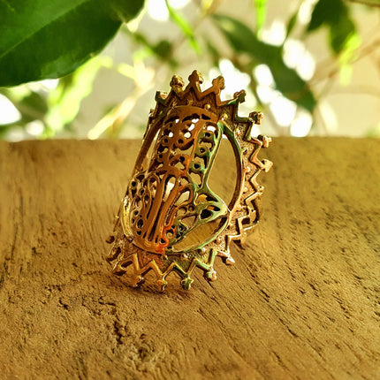 Golden Hamsa Ring / Fatima / Egypt / Hieroglyphics / Brass / Ethnic / rustic, yoga, hippie, gypsy, boho, bohemian, festival