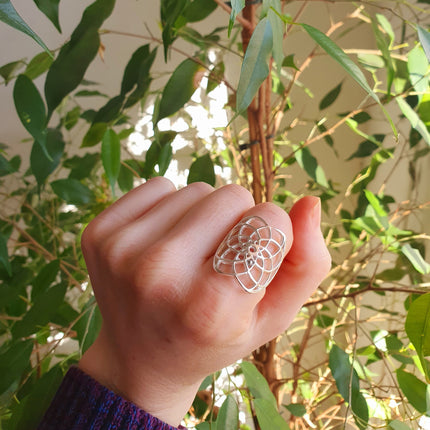 Bague Graine de Vie Argent Mandala Géométrique / Bohème / Boho / Spirale / Psy / Gypsy / Ethnique / Rustique / Hippie / Tribal / Festival /