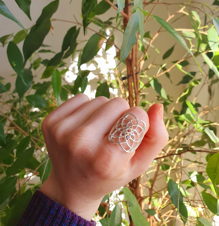 Bague Graine de Vie Argent Mandala Géométrique / Bohème / Boho / Spirale / Psy / Gypsy / Ethnique / Rustique / Hippie / Tribal / Festival /