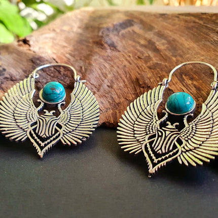 Silver Scarab Earrings Ancient Turquoise ; Ethnic, Geometric, rustic, yoga, hippie, gypsy, pretty, boho, bohemian, festival