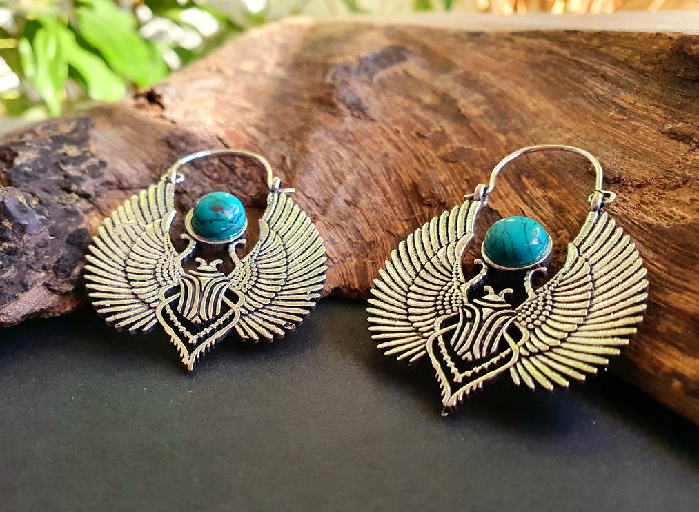 Silver Scarab Earrings Ancient Turquoise ; Ethnic, Geometric, rustic, yoga, hippie, gypsy, pretty, boho, bohemian, festival