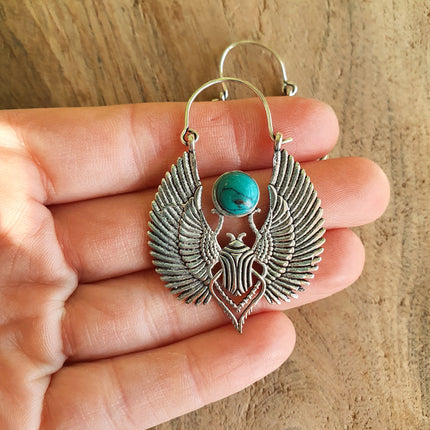 Silver Scarab Earrings Ancient Turquoise ; Ethnic, Geometric, rustic, yoga, hippie, gypsy, pretty, boho, bohemian, festival