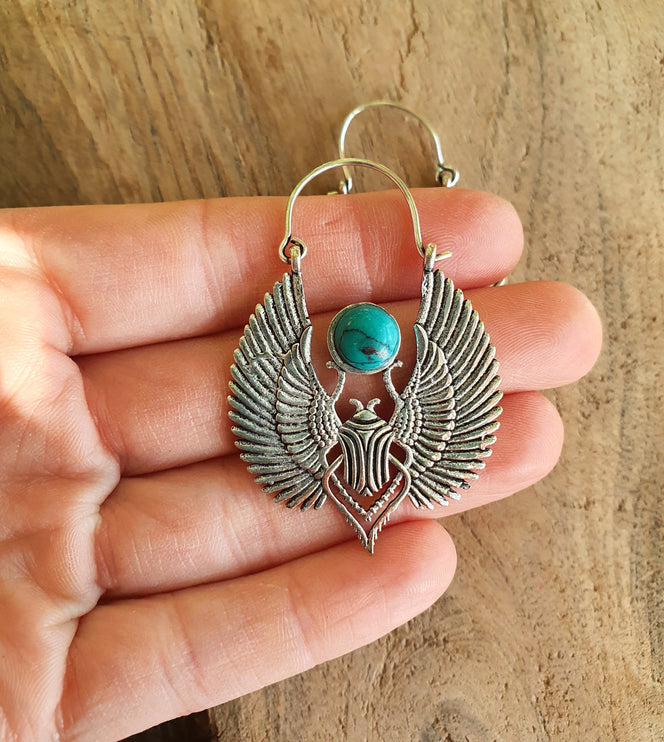 Silver Scarab Earrings Ancient Turquoise ; Ethnic, Geometric, rustic, yoga, hippie, gypsy, pretty, boho, bohemian, festival