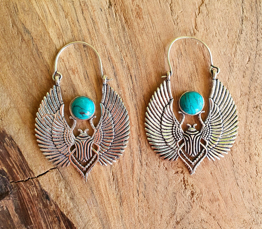 Silver Scarab Earrings Ancient Turquoise ; Ethnic, Geometric, rustic, yoga, hippie, gypsy, pretty, boho, bohemian, festival