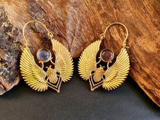 Golden Scarab Earrings Ancient Egypt & Amethyst ; Ethnic, Geometric, rustic, yoga, hippie, gypsy, pretty, boho, bohemian, festival