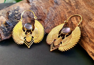 Golden Scarab Earrings Ancient Egypt & Amethyst ; Ethnic, Geometric, rustic, yoga, hippie, gypsy, pretty, boho, bohemian, festival