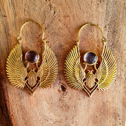 Améthyste Scarabée Boucles D'oreilles Dorées Laiton / l'Égypte Antique/ Bohème Yoga Boho Rustique Chic Gypsy Hippie Tribal Bohemian style