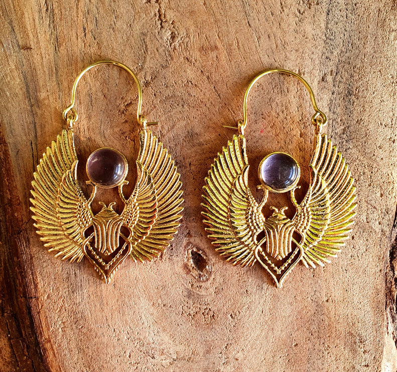 Améthyste Scarabée Boucles D'oreilles Dorées Laiton / l'Égypte Antique/ Bohème Yoga Boho Rustique Chic Gypsy Hippie Tribal Bohemian style