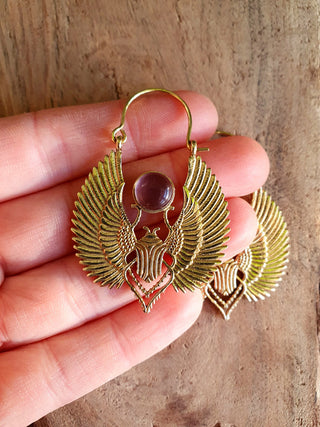 Golden Scarab Earrings Ancient Egypt & Amethyst ; Ethnic, Geometric, rustic, yoga, hippie, gypsy, pretty, boho, bohemian, festival