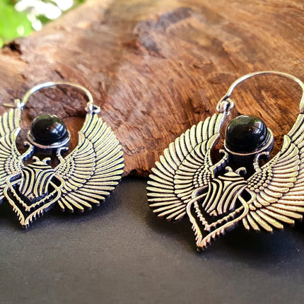 Silver Scarab Earrings Ancient Black Onyx ; Ethnic, Geometric, rustic, yoga, hippie, gypsy, pretty, boho, bohemian, festival