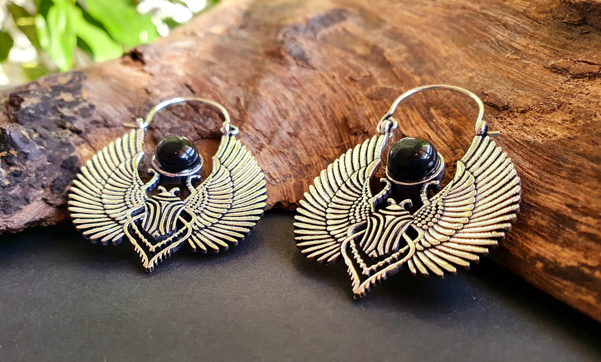 Silver Scarab Earrings Ancient Black Onyx ; Ethnic, Geometric, rustic, yoga, hippie, gypsy, pretty, boho, bohemian, festival