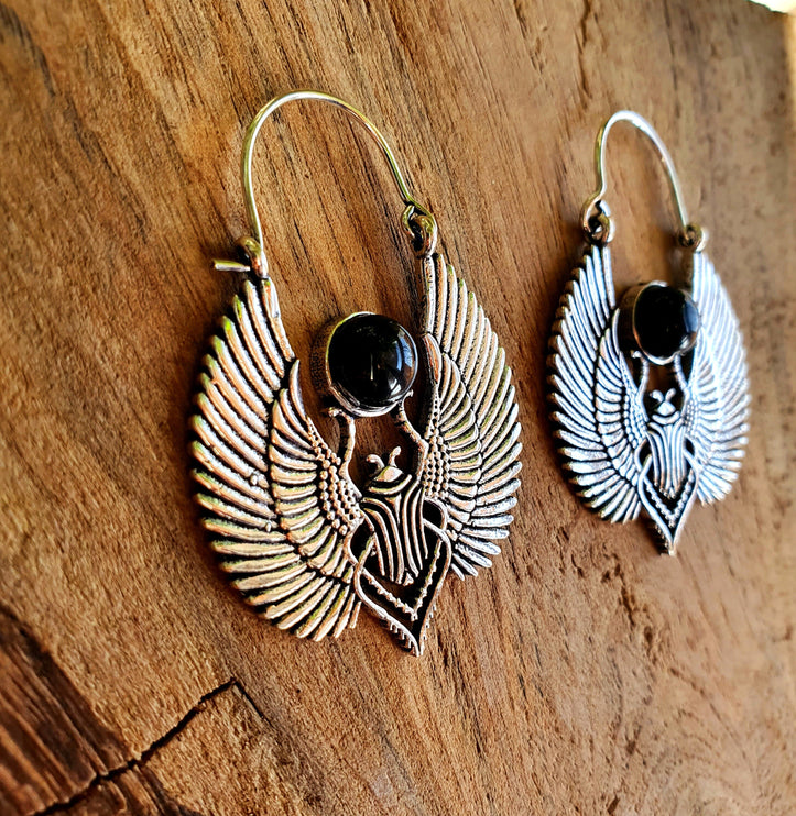 Silver Scarab Earrings Ancient Black Onyx ; Ethnic, Geometric, rustic, yoga, hippie, gypsy, pretty, boho, bohemian, festival