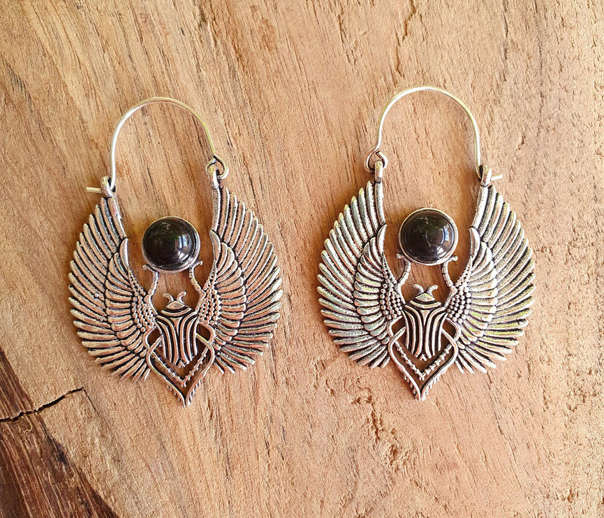 Silver Scarab Earrings Ancient Black Onyx ; Ethnic, Geometric, rustic, yoga, hippie, gypsy, pretty, boho, bohemian, festival