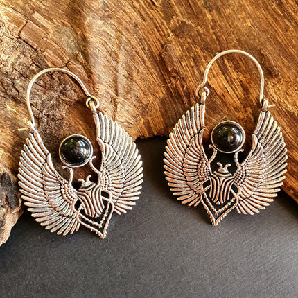 Silver Scarab Earrings Ancient Black Onyx ; Ethnic, Geometric, rustic, yoga, hippie, gypsy, pretty, boho, bohemian, festival