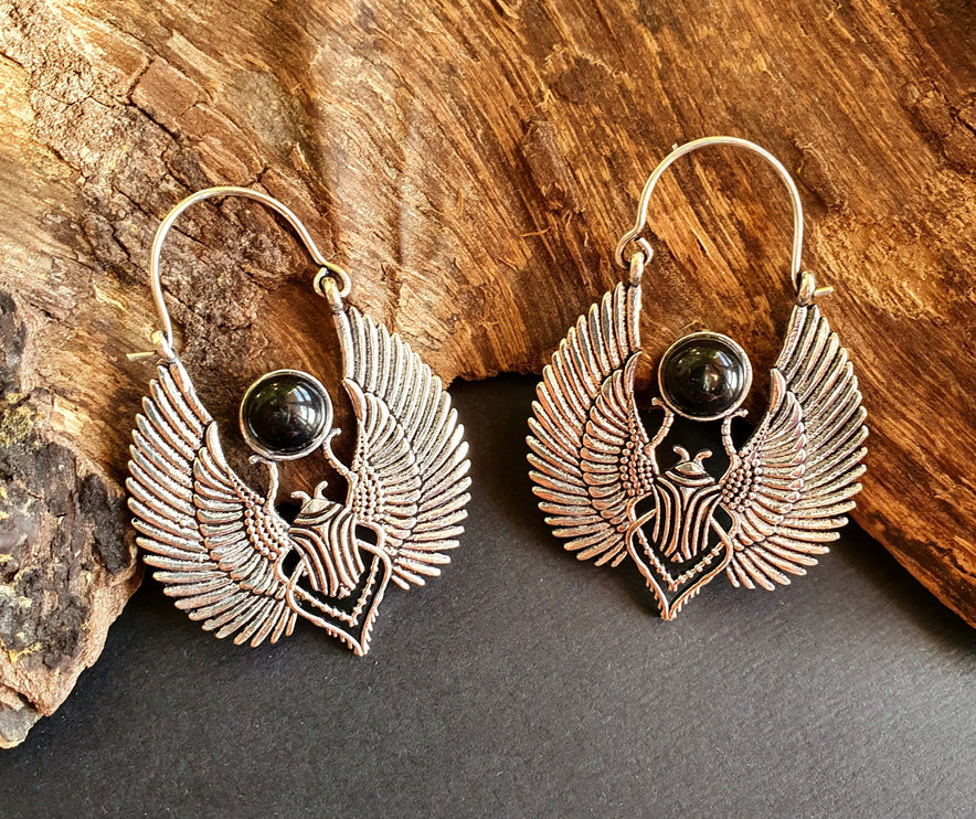 Silver Scarab Earrings Ancient Black Onyx ; Ethnic, Geometric, rustic, yoga, hippie, gypsy, pretty, boho, bohemian, festival