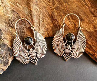 Silver Scarab Earrings Ancient Black Onyx ; Ethnic, Geometric, rustic, yoga, hippie, gypsy, pretty, boho, bohemian, festival