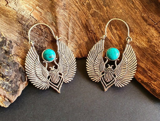 Silver Scarab Earrings Ancient Turquoise ; Ethnic, Geometric, rustic, yoga, hippie, gypsy, pretty, boho, bohemian, festival