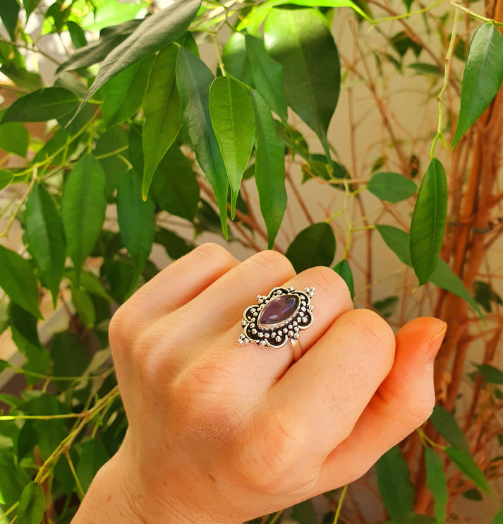 Ethnic style Silver & Amethyst Ring / Moon / Boho / Bohemian / Psy / Rustic / Tribal / Gypsy / Festival / Healing / Festival