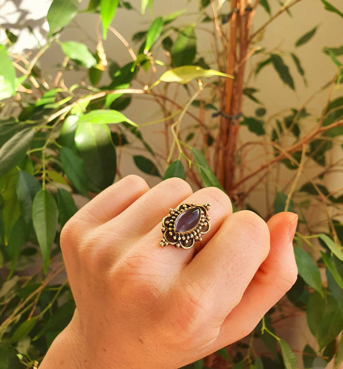 Amethyst Brass Ring / Large / Bohemian / Ethnic / Festival / BirthStone / Gypsy / Tribal / Boho / Hippie / Festival / Rustic / Psy