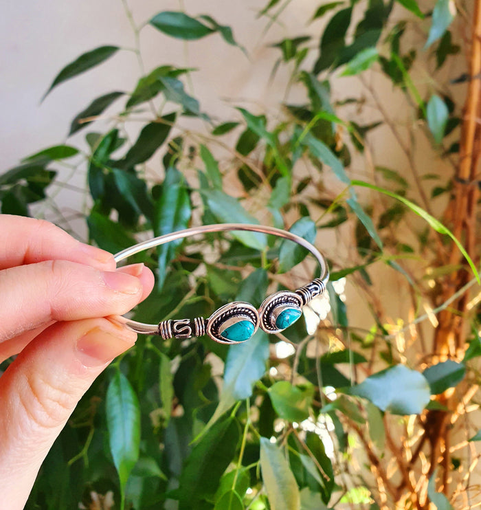 Bali Boho Turquoise Silver Bracelet / Bangle / Ethnic / Rustic / Bohemian / Hippie / Gypsy / Psy / Adjustable