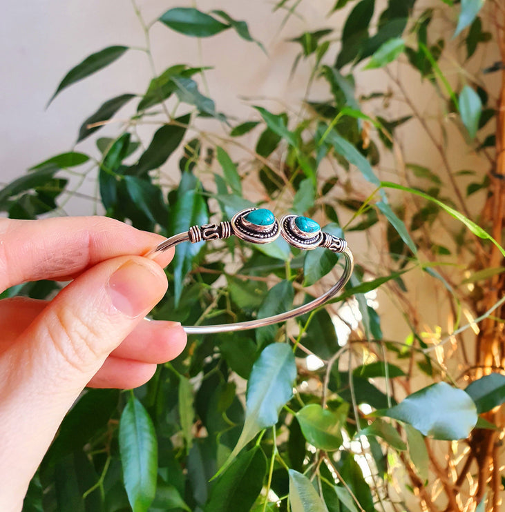 Bali Boho Turquoise Silver Bracelet / Bangle / Ethnic / Rustic / Bohemian / Hippie / Gypsy / Psy / Adjustable