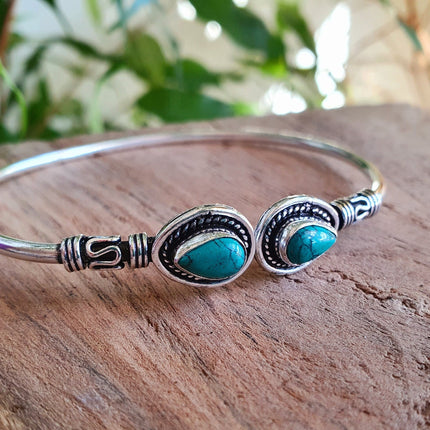 Bali Boho Turquoise Silver Bracelet / Bangle / Ethnic / Rustic / Bohemian / Hippie / Gypsy / Psy / Adjustable