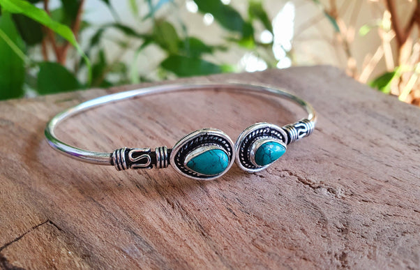 Bali Boho Turquoise Silver Bracelet / Bangle / Ethnic / Rustic / Bohemian / Hippie / Gypsy / Psy / Adjustable