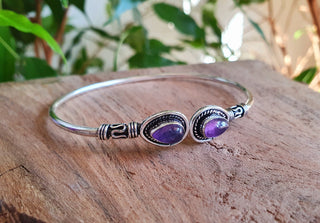 Amethyst / Bali Boho Silver Bracelet / Bangle / Ethnic / Rustic / Bohemian / Hippie / Gypsy / Psy / Adjustable