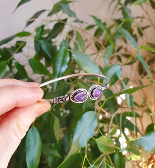Amethyst / Bali Boho Silver Bracelet / Bangle / Ethnic / Rustic / Bohemian / Hippie / Gypsy / Psy / Adjustable
