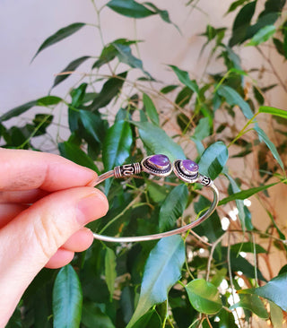Amethyst / Bali Boho Silver Bracelet / Bangle / Ethnic / Rustic / Bohemian / Hippie / Gypsy / Psy / Adjustable